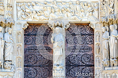 Fragment of facade of Cathedral of Notre Dame de Paris, France Editorial Stock Photo